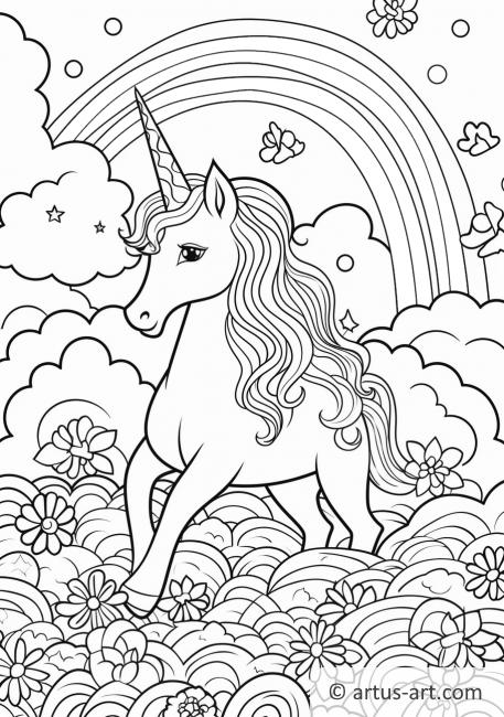 Pagină de colorat cu Curcubeu și Unicorni